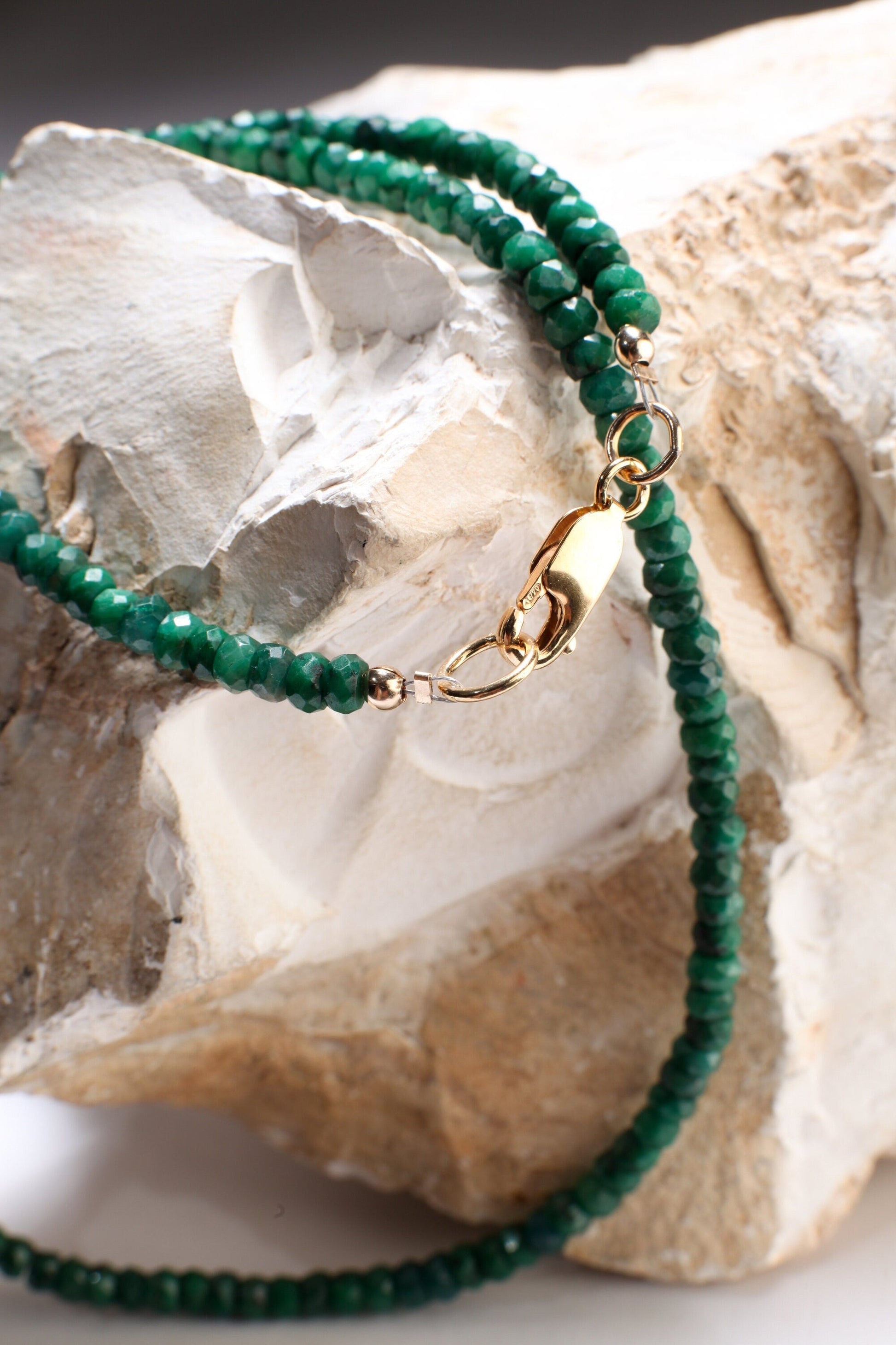 Emerald Necklace, Natural Zambian Emerald 4mm Faceted Roundel Gemstone Beads Necklace in 14k Gold filled