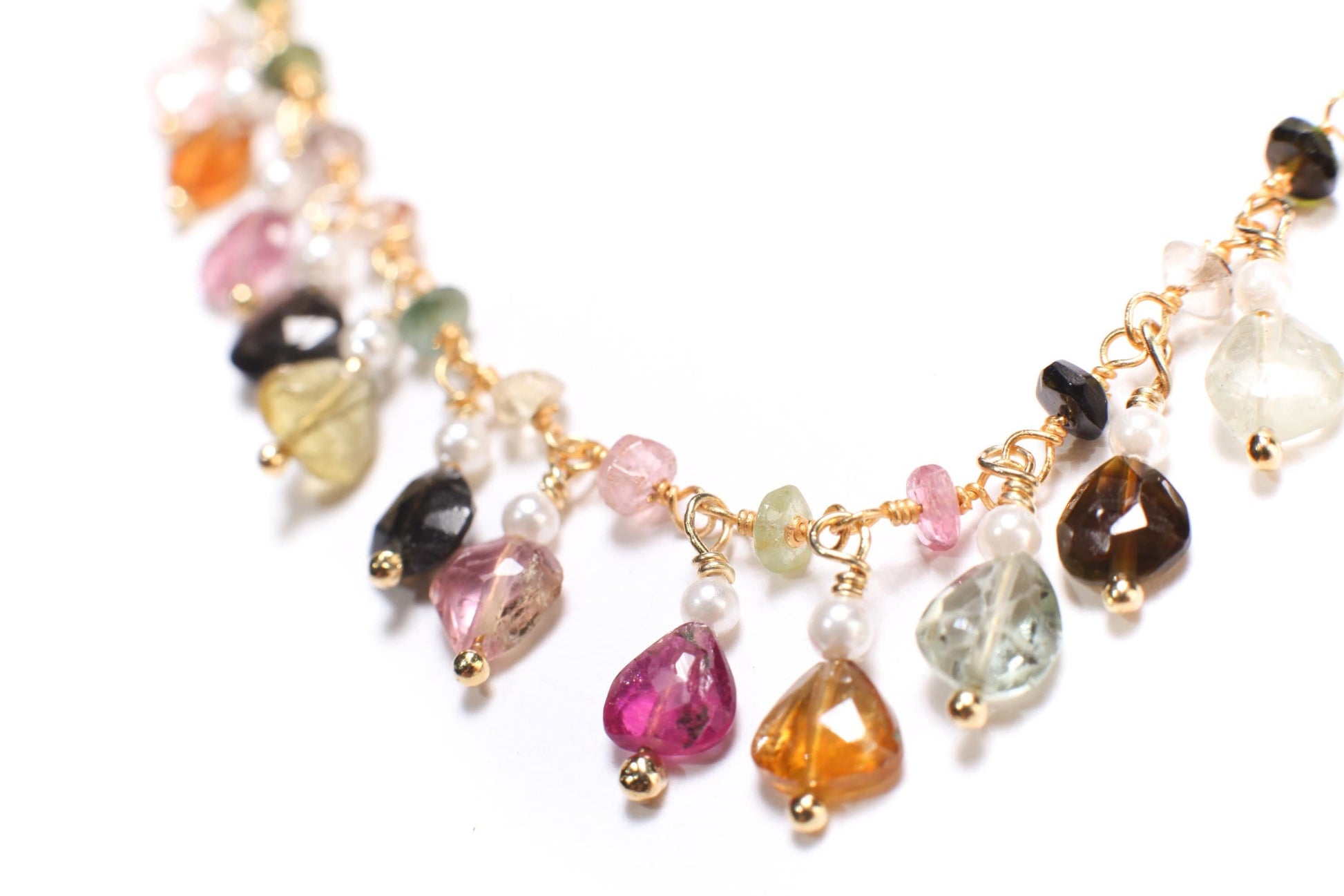 Multi Watermelon Tourmaline Faceted Heart Shape 5-6mm, Dangling Fresh Water Pearl Round Spacers in 14K Gold Filled Clasp, October Birthstone