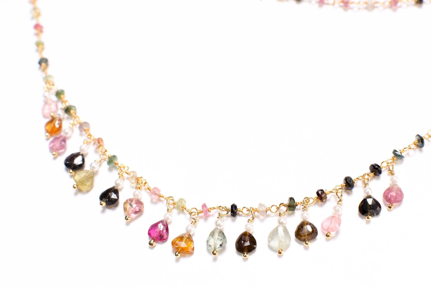 Multi Watermelon Tourmaline Faceted Heart Shape 5-6mm, Dangling Fresh Water Pearl Round Spacers in 14K Gold Filled Clasp, October Birthstone