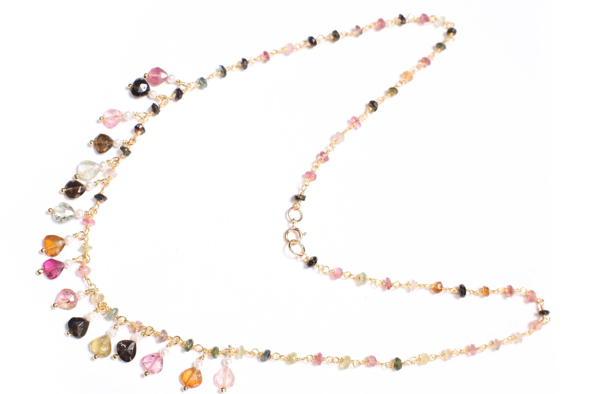 Multi Watermelon Tourmaline Faceted Heart Shape 5-6mm, Dangling Fresh Water Pearl Round Spacers in 14K Gold Filled Clasp, October Birthstone