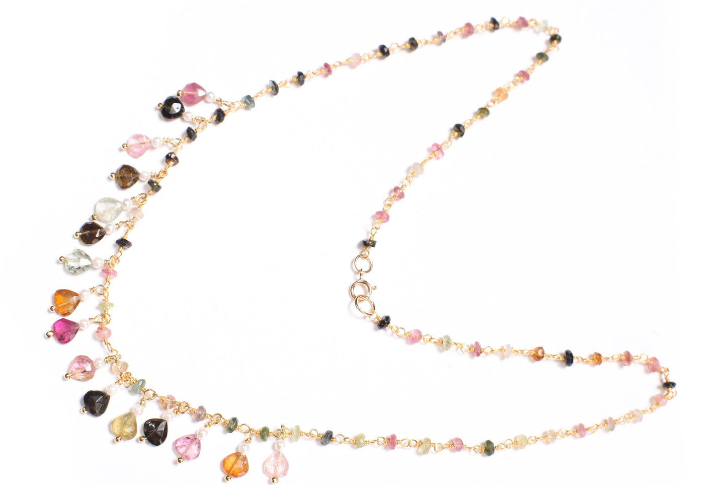 Multi Watermelon Tourmaline Faceted Heart Shape 5-6mm, Dangling Fresh Water Pearl Round Spacers in 14K Gold Filled Clasp, October Birthstone