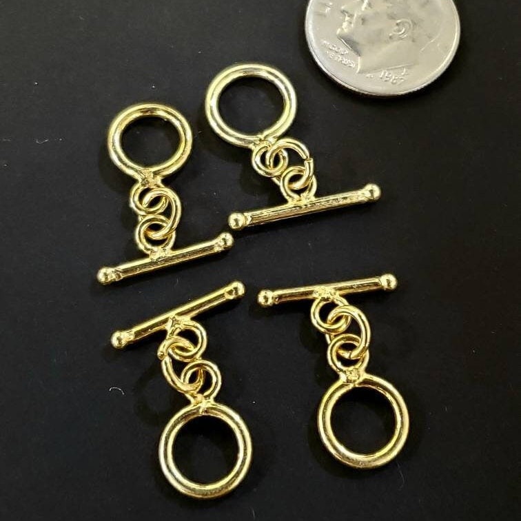 22K Gold Vermeil 925 Sterling Silver Bali Toggle Clasp, 9mm Circle, Vintage Handmade Clasp, 1 set or Bulk