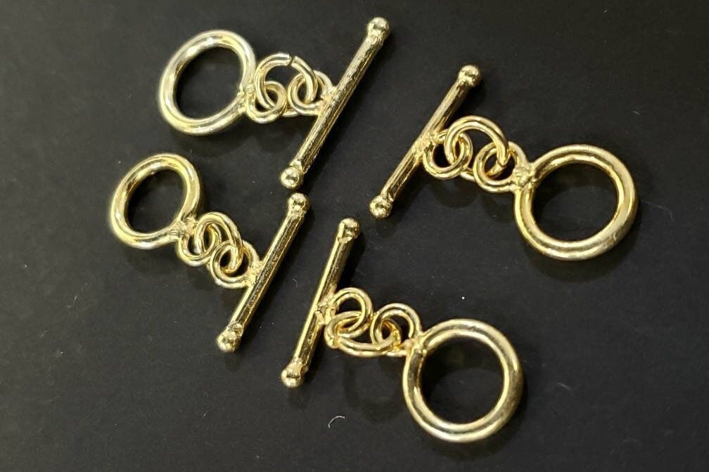 22K Gold Vermeil 925 Sterling Silver Bali Toggle Clasp, 9mm Circle, Vintage Handmade Clasp, 1 set or Bulk