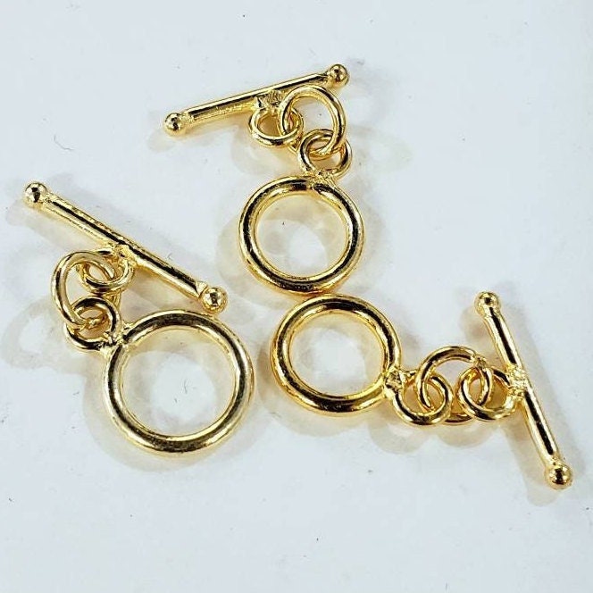 22K Gold Vermeil 925 Sterling Silver Bali Toggle Clasp, 9mm Circle, Vintage Handmade Clasp, 1 set or Bulk