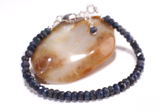Natural Sapphire blue 5mm Faceted Rondelle Bracelet in 925 Sterling Silver Clasp and 1&quot; Extension Chain, September Birthstone