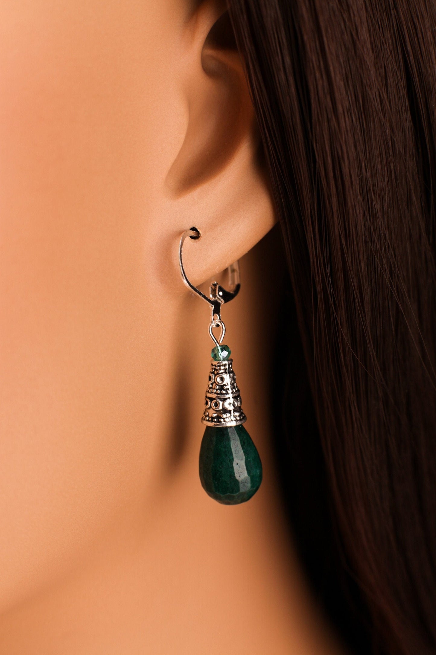 Dark Green Emerald Jade 10x14mm Teardrop with Bali Style Cone, Victorian Style, Silver Leverback Earrings, Gift for her