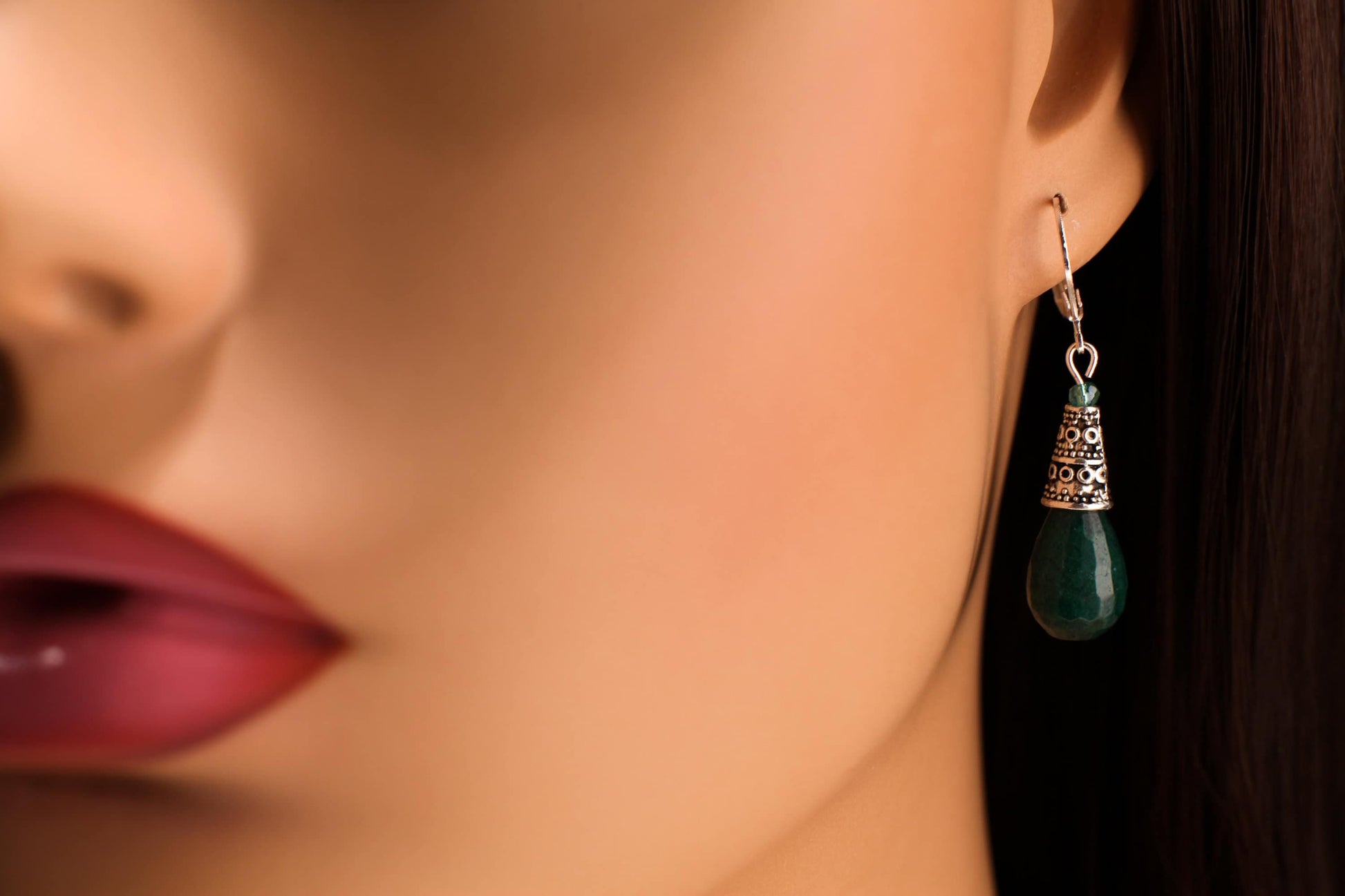 Dark Green Emerald Jade 10x14mm Teardrop with Bali Style Cone, Victorian Style, Silver Leverback Earrings, Gift for her