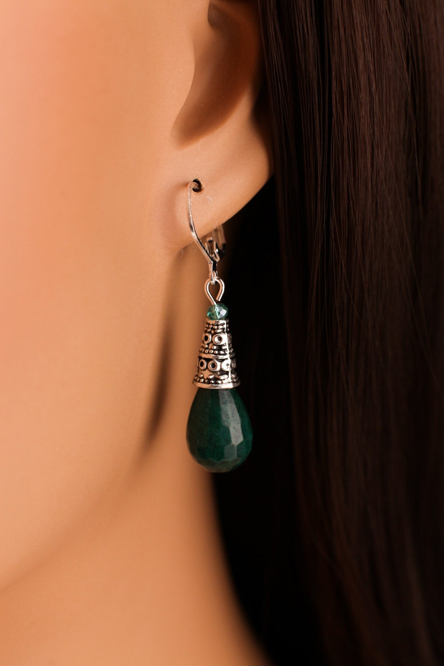 Dark Green Emerald Jade 10x14mm Teardrop with Bali Style Cone, Victorian Style, Silver Leverback Earrings, Gift for her