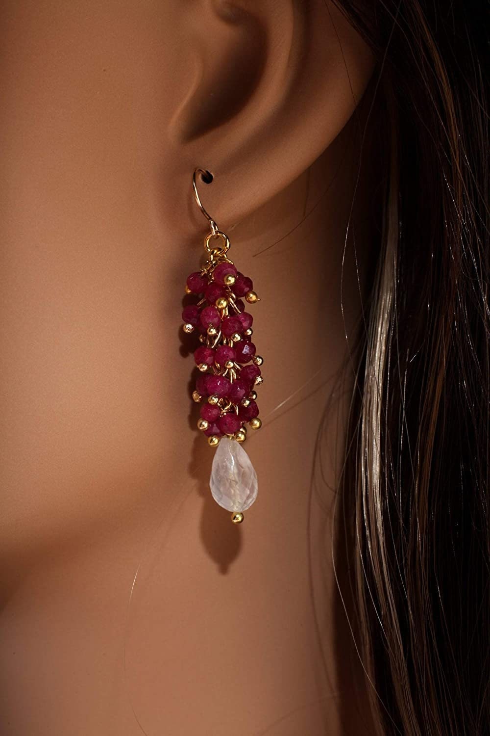 Moonstone Briolette Teardrop, Genuine Pink Ruby Clusters in 14K Gold Filled Earrings, Boho, Gemstone Jewelry Gift for Her