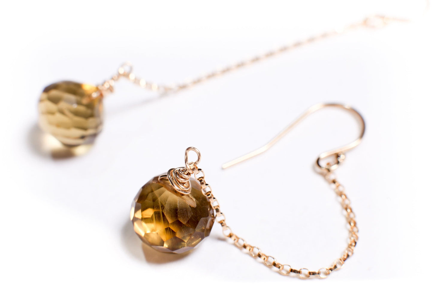 Whiskey Quartz 9x10mm Onion Shape Wire Wrapped Briolette Dangle with 14K Gold Filled Chain and Earwire, Gemstone Handmade Earrings Gift