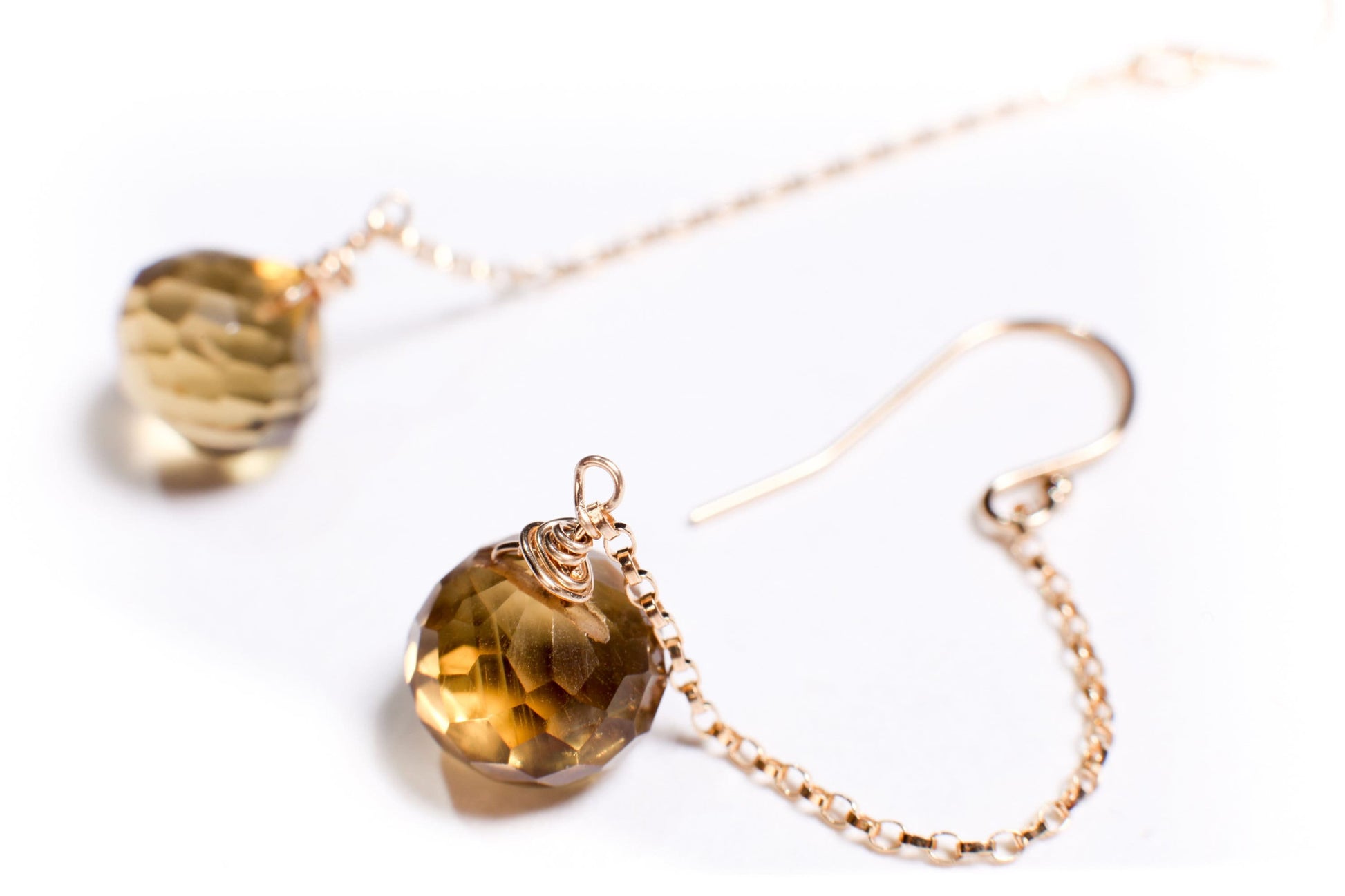 Whiskey Quartz 9x10mm Onion Shape Wire Wrapped Briolette Dangle with 14K Gold Filled Chain and Earwire, Gemstone Handmade Earrings Gift