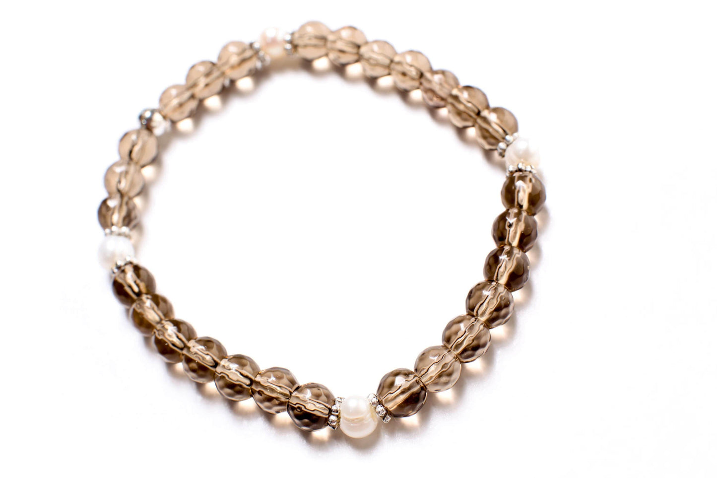 Smokey Quartz Faceted Round 6mm with Freshwater Pearl Gemstone Bracelet, Healing Crystal, Yoga, Energy, Stretchy, Soothing Bracelet Gift