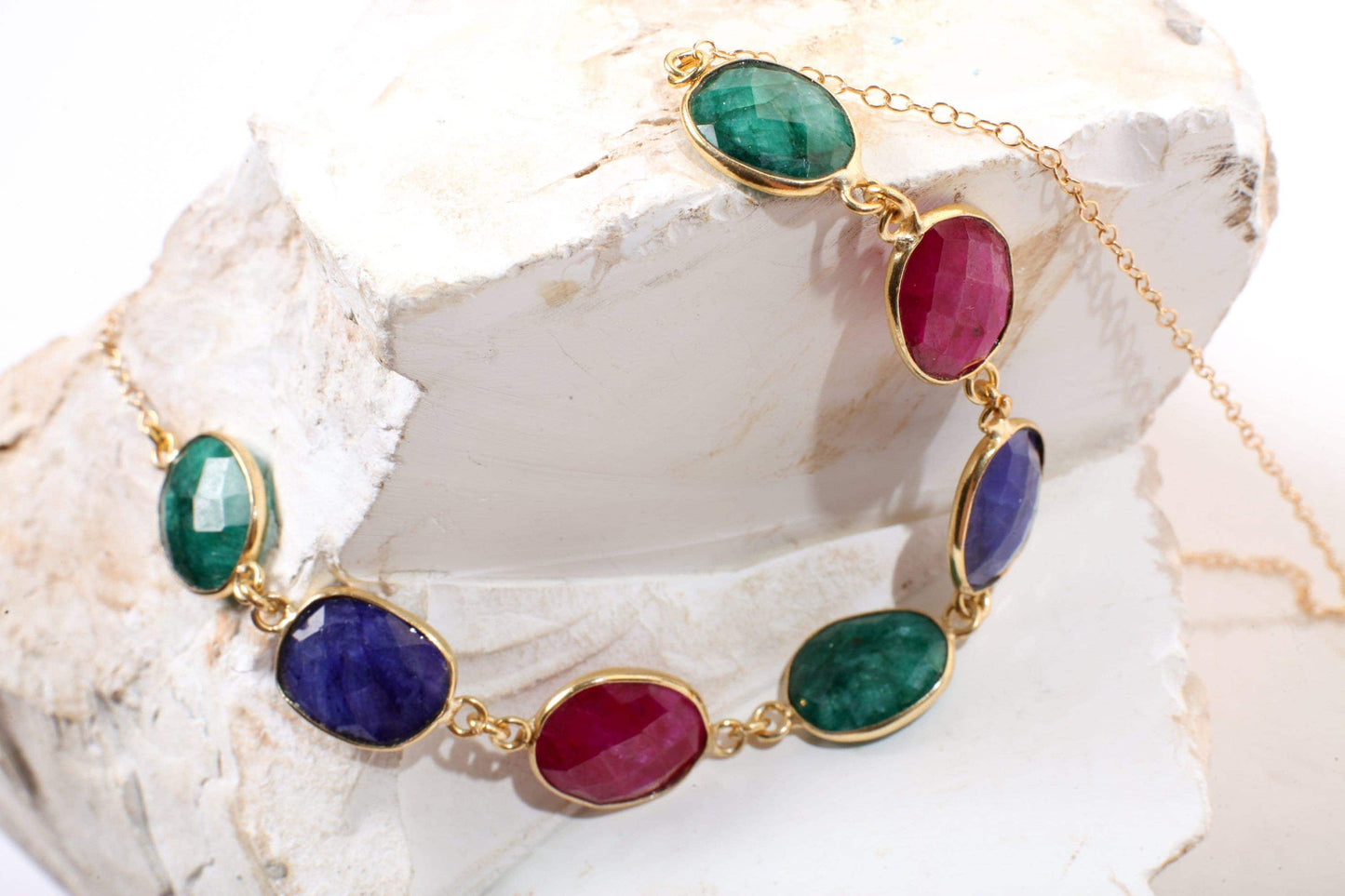 Ruby Sapphire Emerald Gold Bezel Faceted 12x14mm Oval Gemstone in 14K Gold Filled Chain, Elegant Gift for her