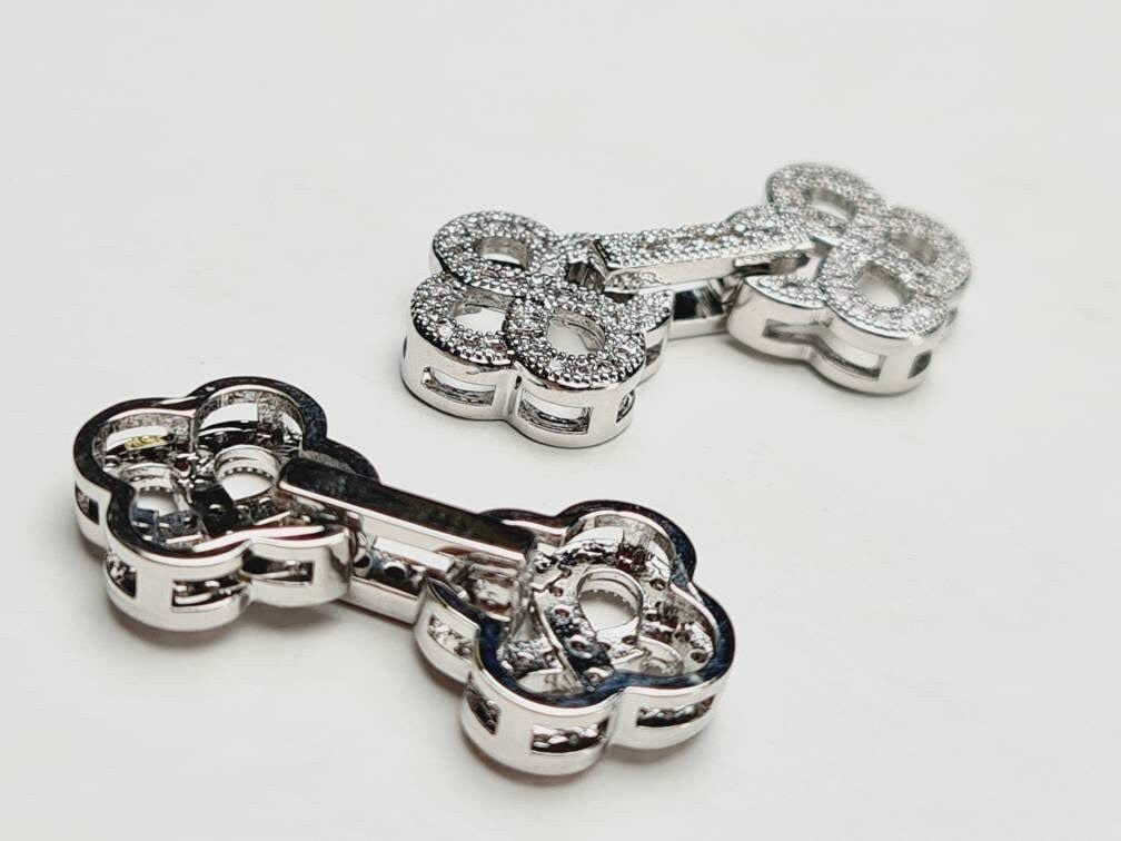 Cubic Zirconia CZ micro Pave Diamond Style sterling silver rhodium Fancy Clasp 12x27mm long. High End Jewelry Making, Folding clasp