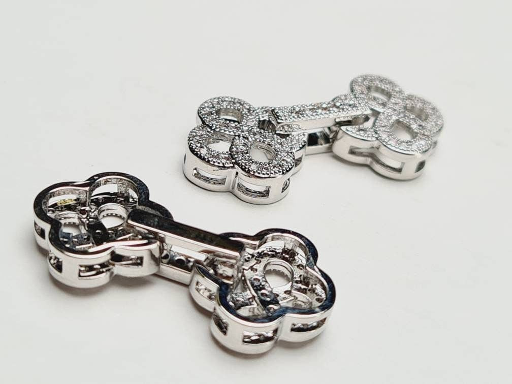 Cubic Zirconia CZ micro Pave Diamond Style sterling silver rhodium Fancy Clasp 12x27mm long. High End Jewelry Making, Folding clasp