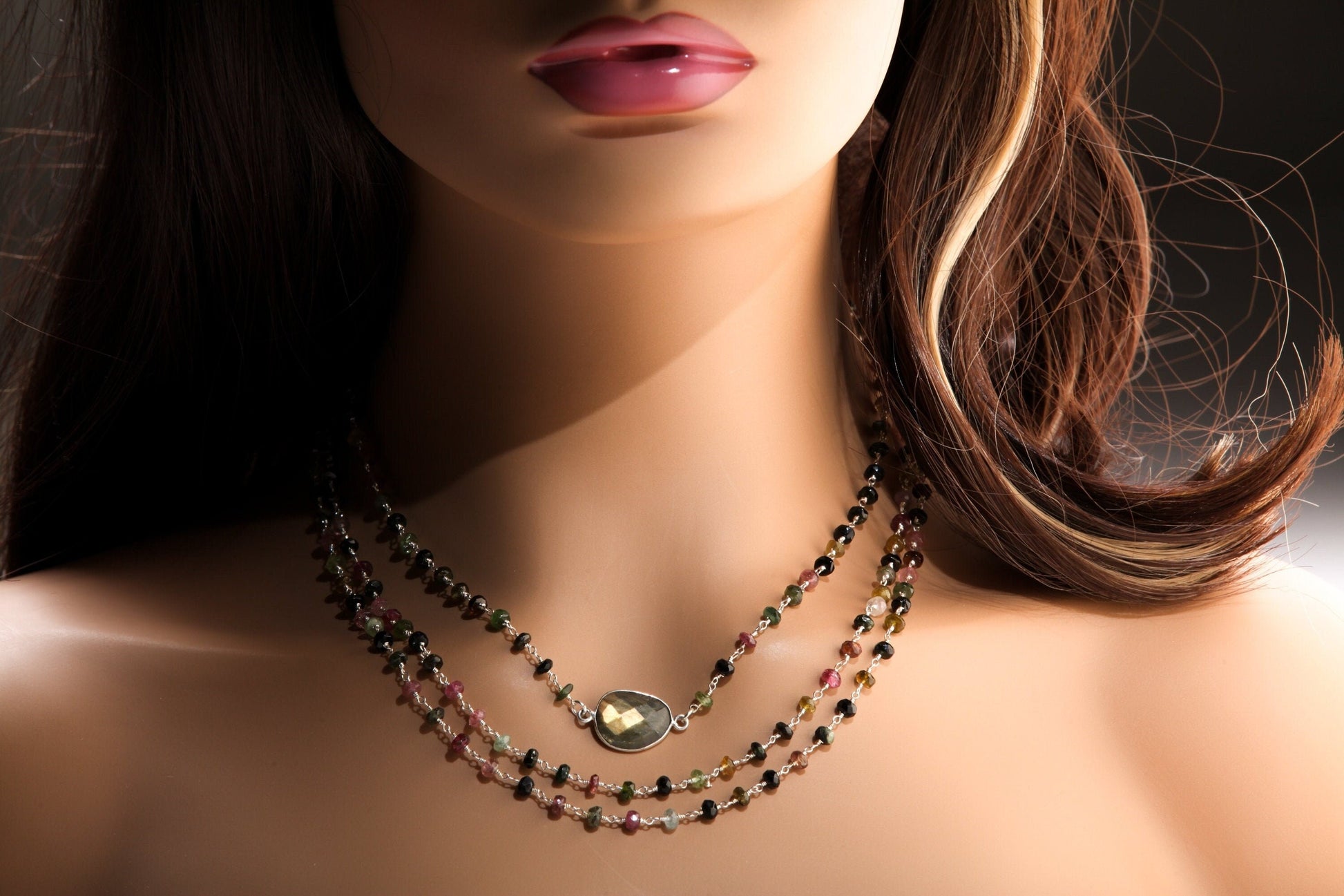 Tourmaline 4mm 3 layer with Labradorite bezel oval focal 925 Sterling Silver Adjustable Necklace. 18" plus 2" extension, Elegant gift.