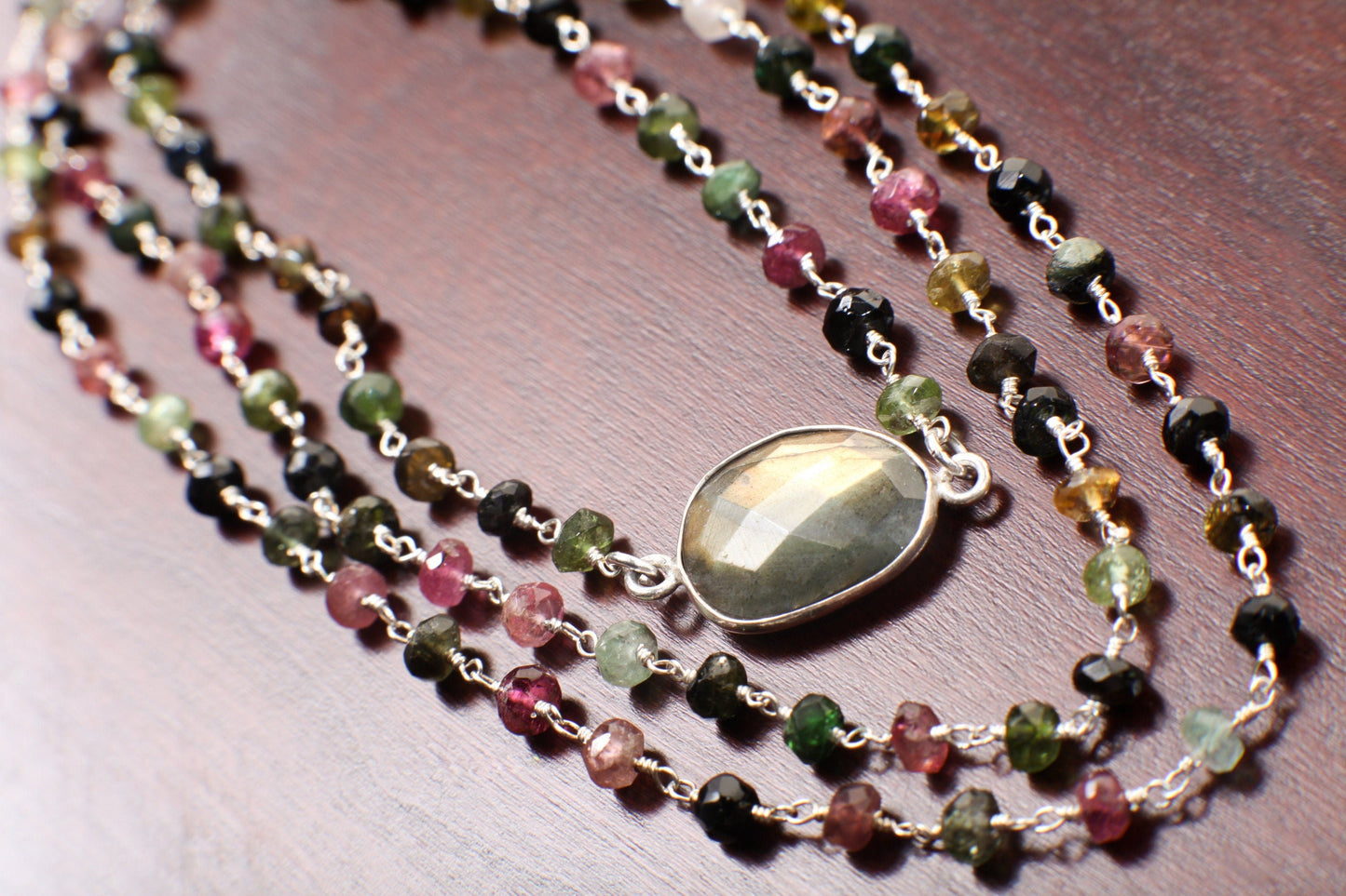 Tourmaline 4mm 3 layer with Labradorite bezel oval focal 925 Sterling Silver Adjustable Necklace. 18" plus 2" extension, Elegant gift.