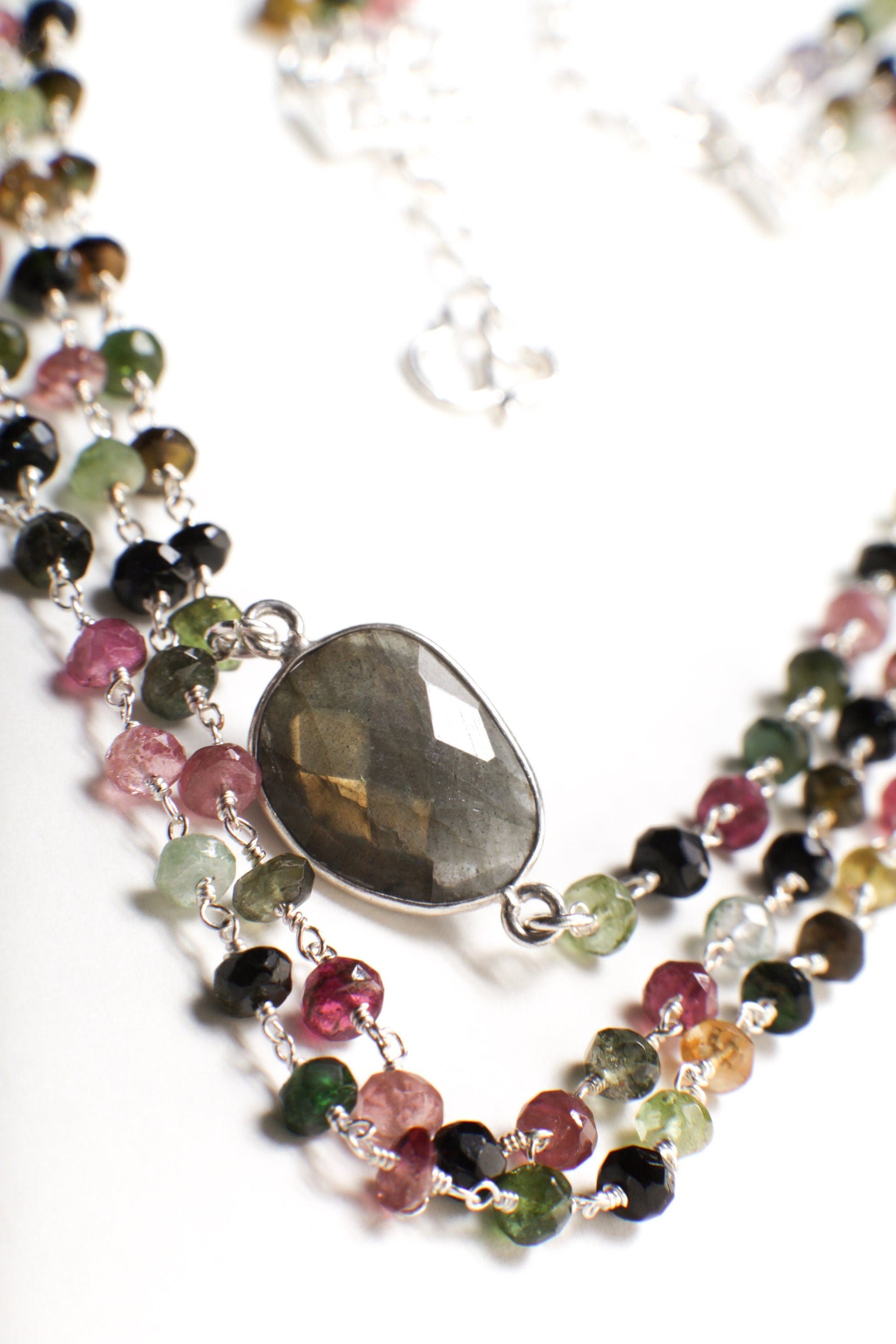 Tourmaline 4mm 3 layer with Labradorite bezel oval focal 925 Sterling Silver Adjustable Necklace. 18" plus 2" extension, Elegant gift.