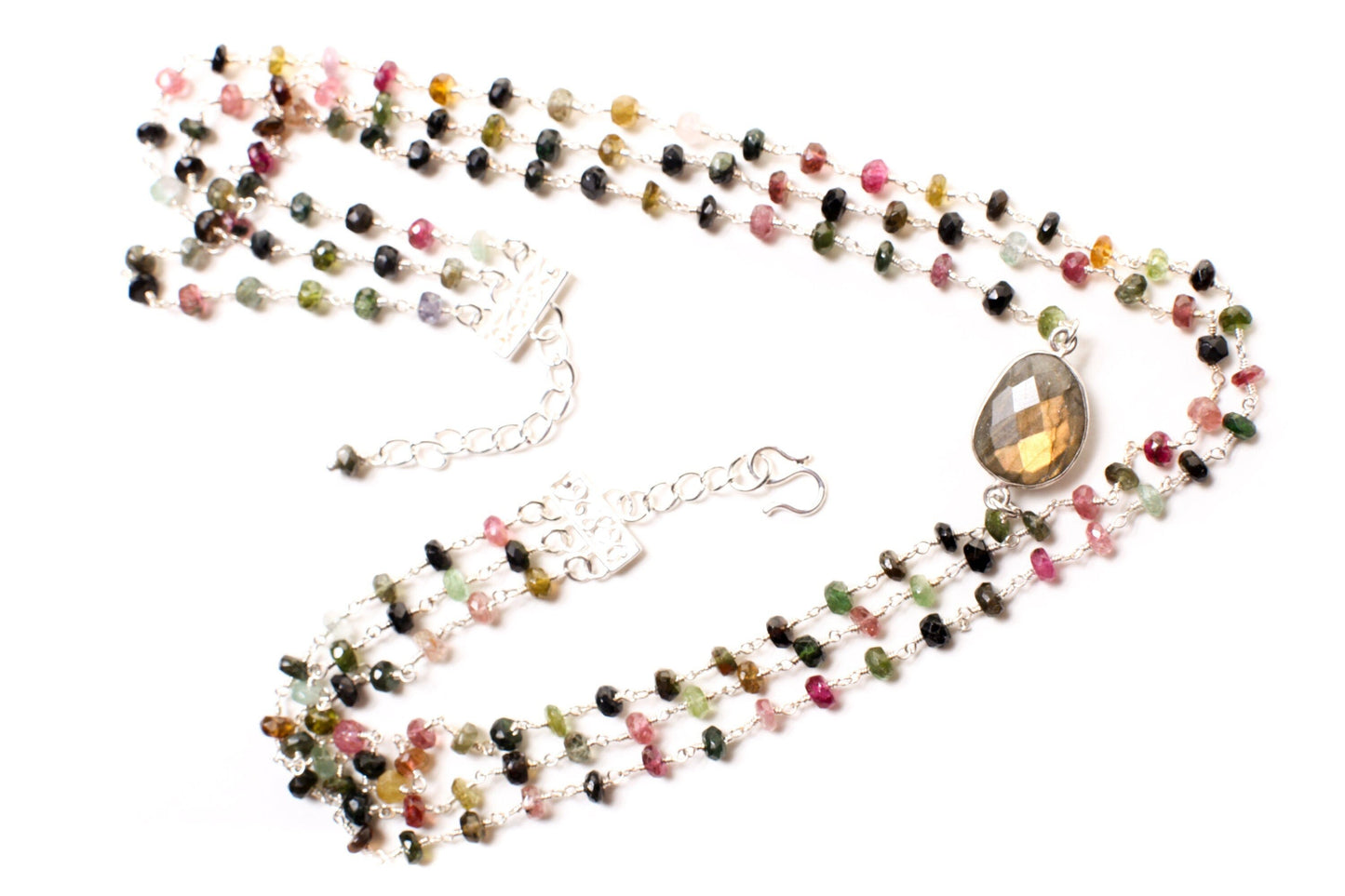 Tourmaline 4mm 3 layer with Labradorite bezel oval focal 925 Sterling Silver Adjustable Necklace. 18" plus 2" extension, Elegant gift.