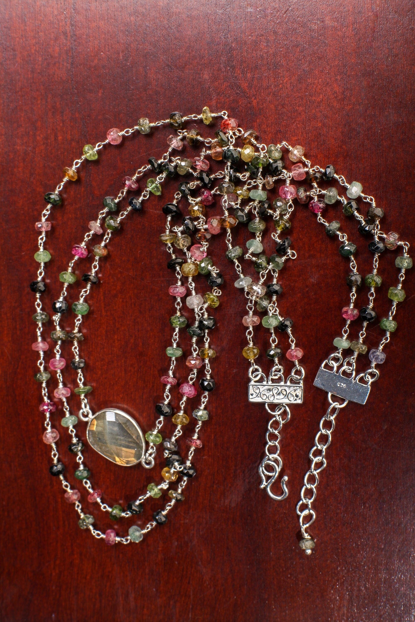 Tourmaline 4mm 3 layer with Labradorite bezel oval focal 925 Sterling Silver Adjustable Necklace. 18" plus 2" extension, Elegant gift.