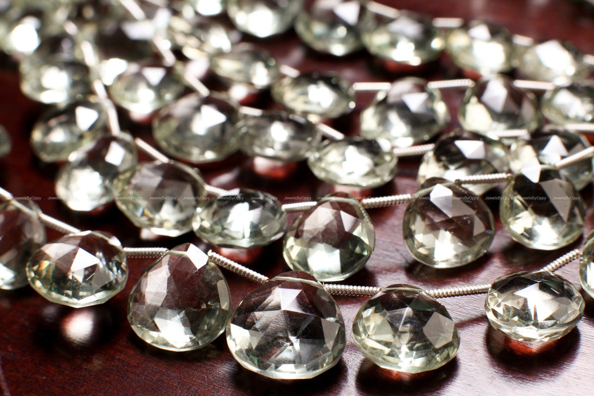 Green Amethyst drop cut Graduated Faceted Heart Shape Drop,11-14mm Green Prasiolite Jewelry Making Gemstone 11 pcs, 22 pcs (10.5" full St)