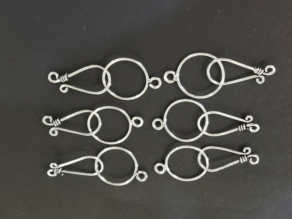 925 Sterling Silver Bali Hook and Eye clasp. 22mm long hook and 16mm circle, handmade, vintage jewelry making clasp 1 set or bulk