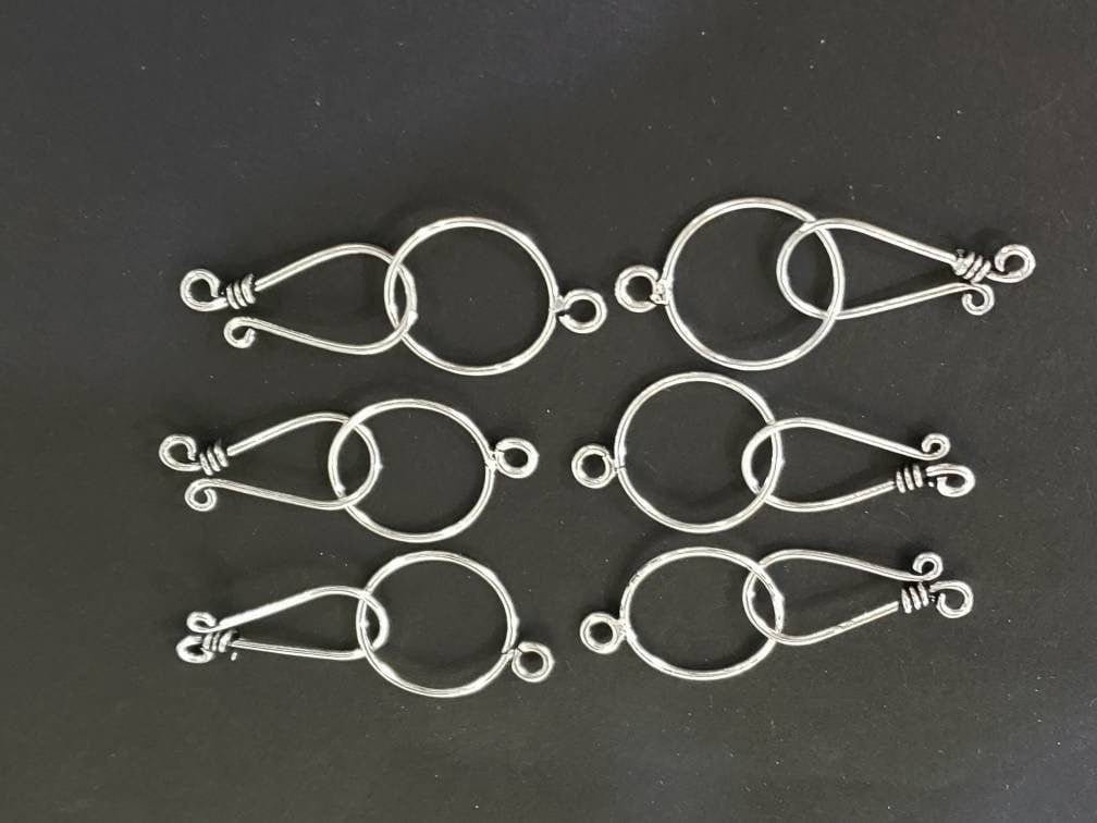 925 Sterling Silver Bali Hook and Eye clasp. 22mm long hook and 16mm circle, handmade, vintage jewelry making clasp 1 set or bulk