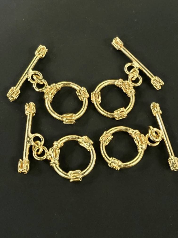 22K Gold Vermeil 925 Sterling Silver Bali fancy toggle clasp 15mm circle & 26mm bar, vintage Handmade clasp , 1 set or bulk