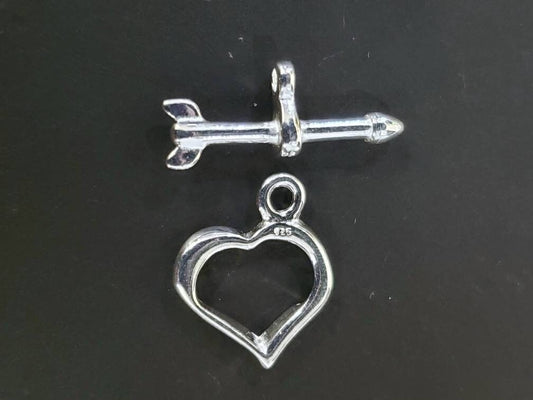 925 Sterling Silver heart shape shiny toggle clasp, 13mm heart and 29mm bar, jewelry making clasp, 925 stamped, 1 set or bulk