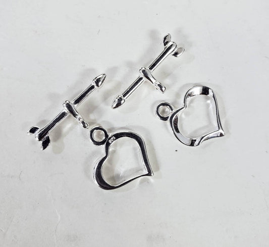 925 Sterling Silver heart shape shiny toggle clasp, 13mm heart and 29mm bar, jewelry making clasp, 925 stamped, 1 set or bulk