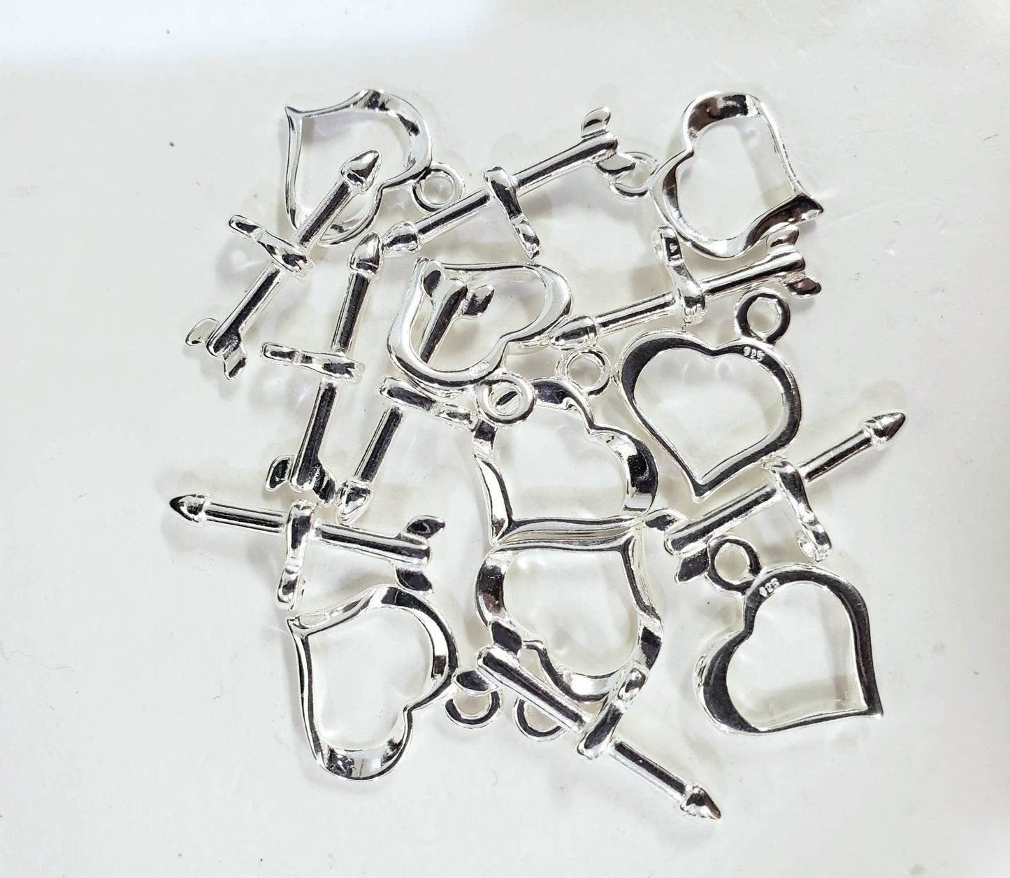 925 Sterling Silver heart shape shiny toggle clasp, 13mm heart and 29mm bar, jewelry making clasp, 925 stamped, 1 set or bulk
