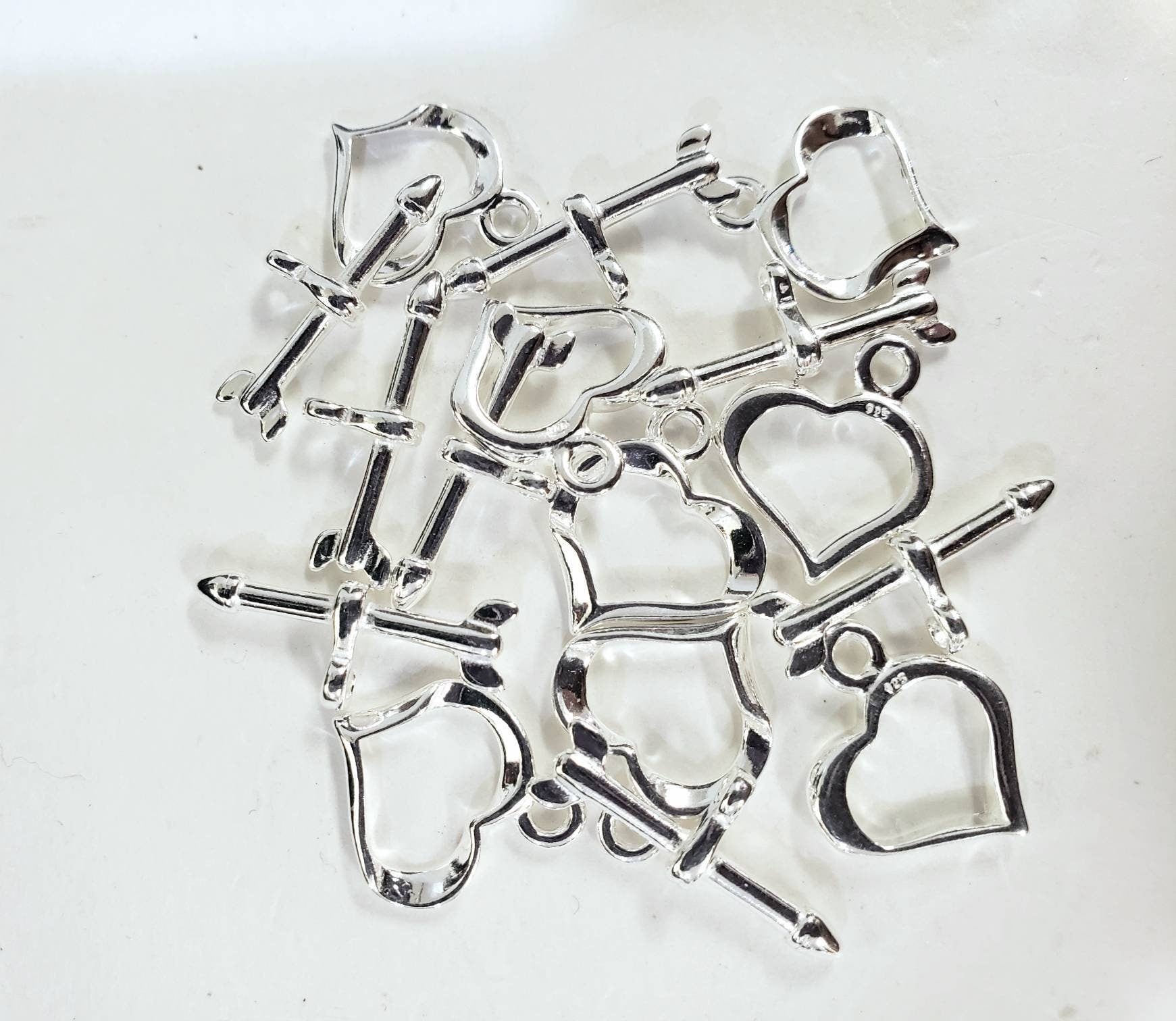 925 Sterling Silver heart shape shiny toggle clasp, 13mm heart and 29mm bar, jewelry making clasp, 925 stamped, 1 set or bulk