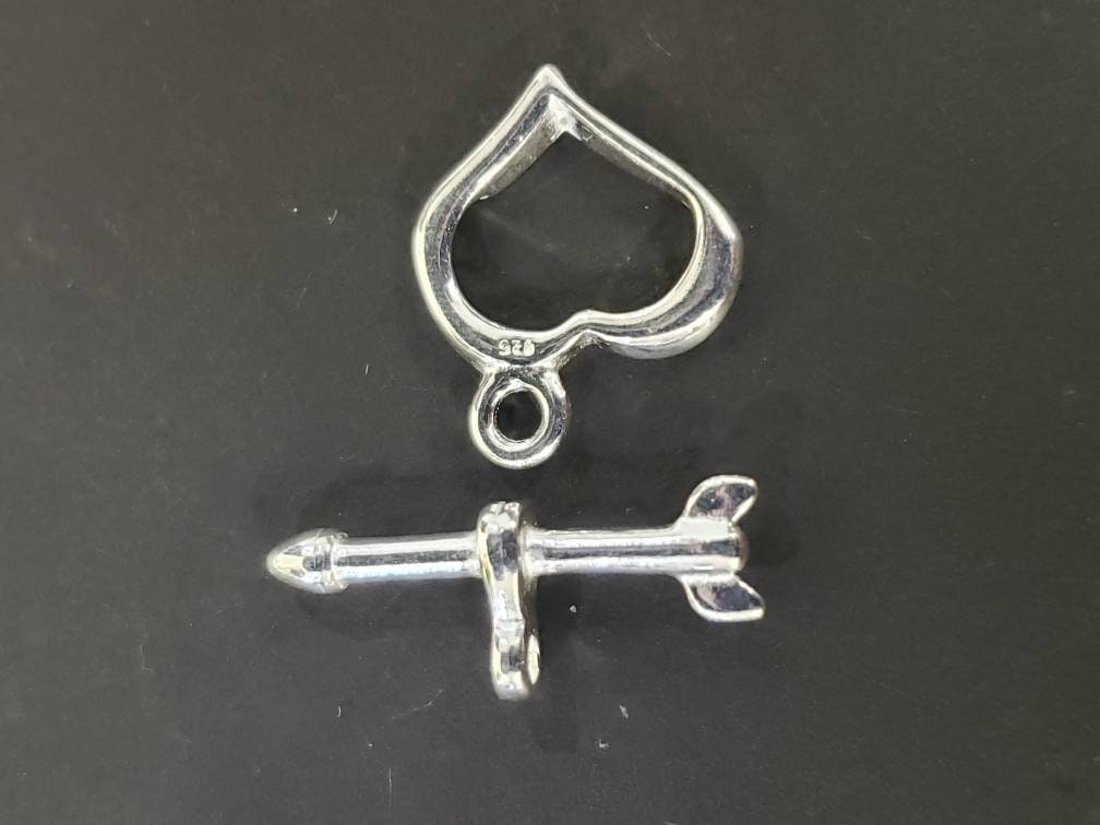 925 Sterling Silver heart shape shiny toggle clasp, 13mm heart and 29mm bar, jewelry making clasp, 925 stamped, 1 set or bulk