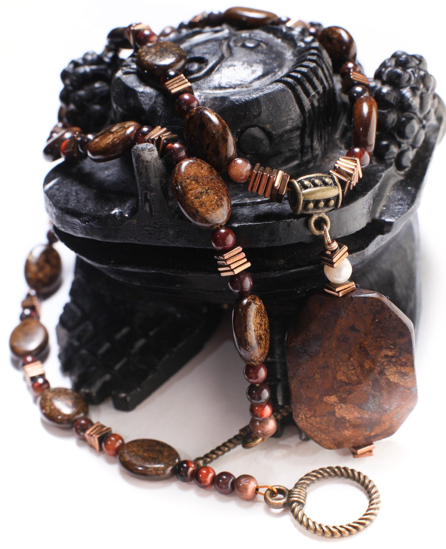 Bronzite 25x33mm Twisted Pendant, 10x14mm Bronzite Oval, Red Tiger Eye &Hematite Spacer, Antique Bronze Clasp, Men, Women 21" Necklace,Rare