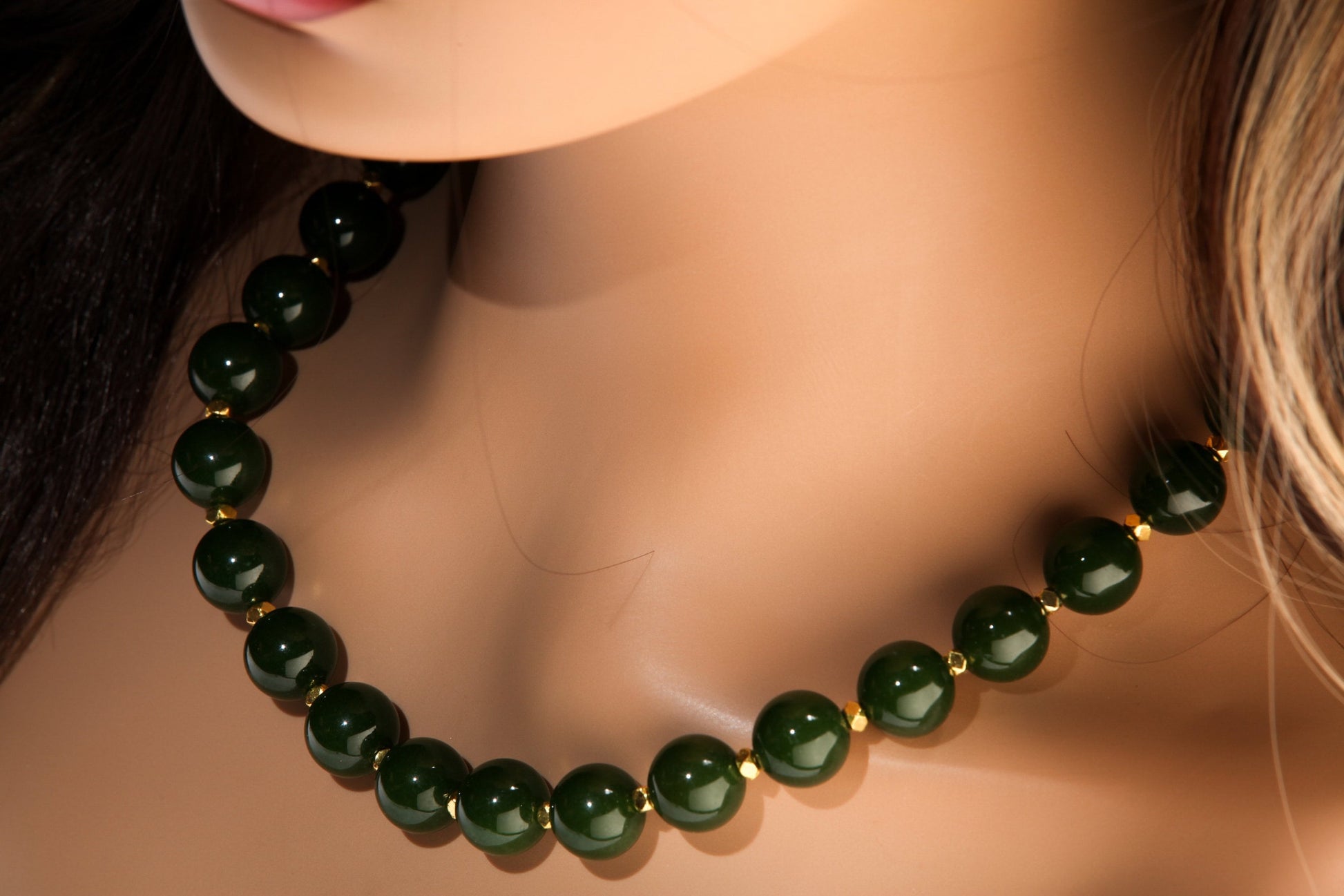 Canadian Nephrite Jade 12mm 18”Gold Necklace with 2” Extension Chain. High Quality Natural Jade smooth polished Bead. Gift for Mom