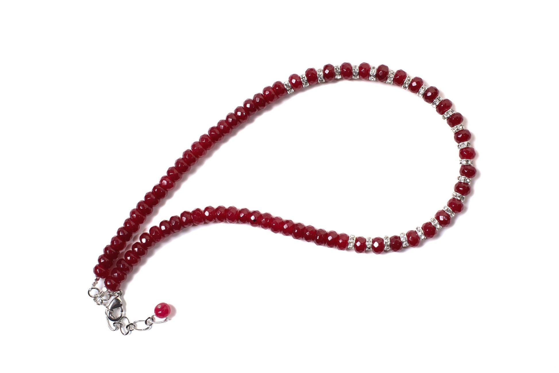 Ruby Jade Faceted Roundel with Rhinestone Spacers 18&quot; Necklace with 2&quot; Extension Chain, Choose Gold or Silver