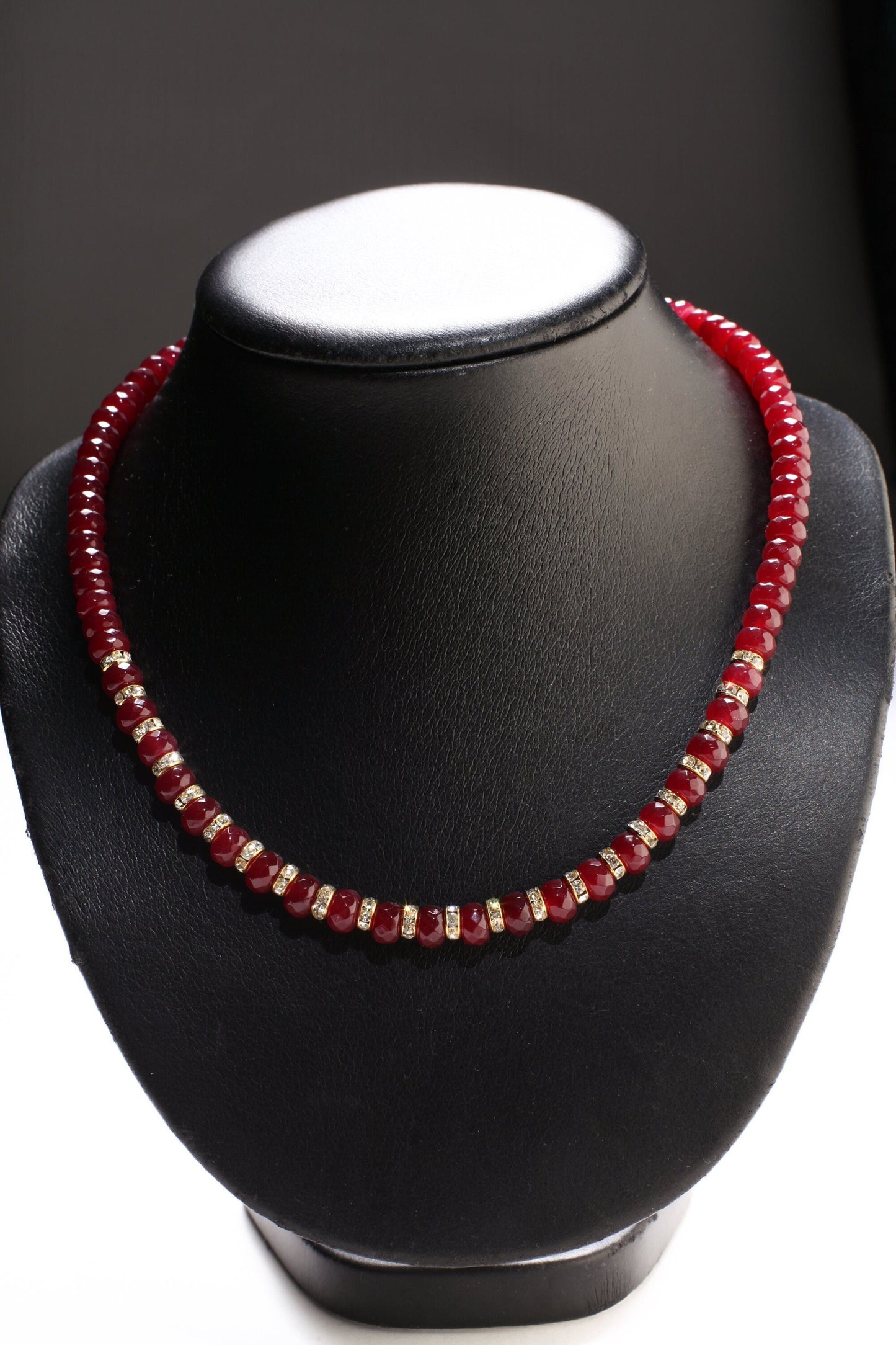 Ruby Jade Faceted Roundel with Rhinestone Spacers 18&quot; Necklace with 2&quot; Extension Chain, Choose Gold or Silver