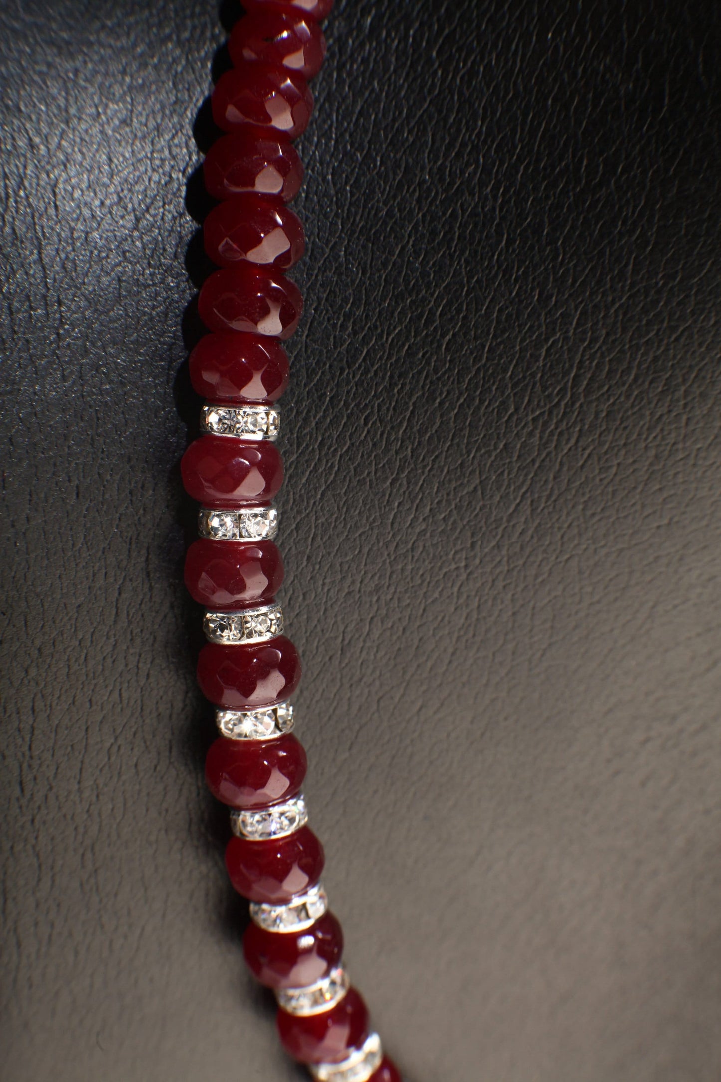 Ruby Jade Faceted Roundel with Rhinestone Spacers 18" Necklace with 2" Extension Chain, Choose Gold or Silver