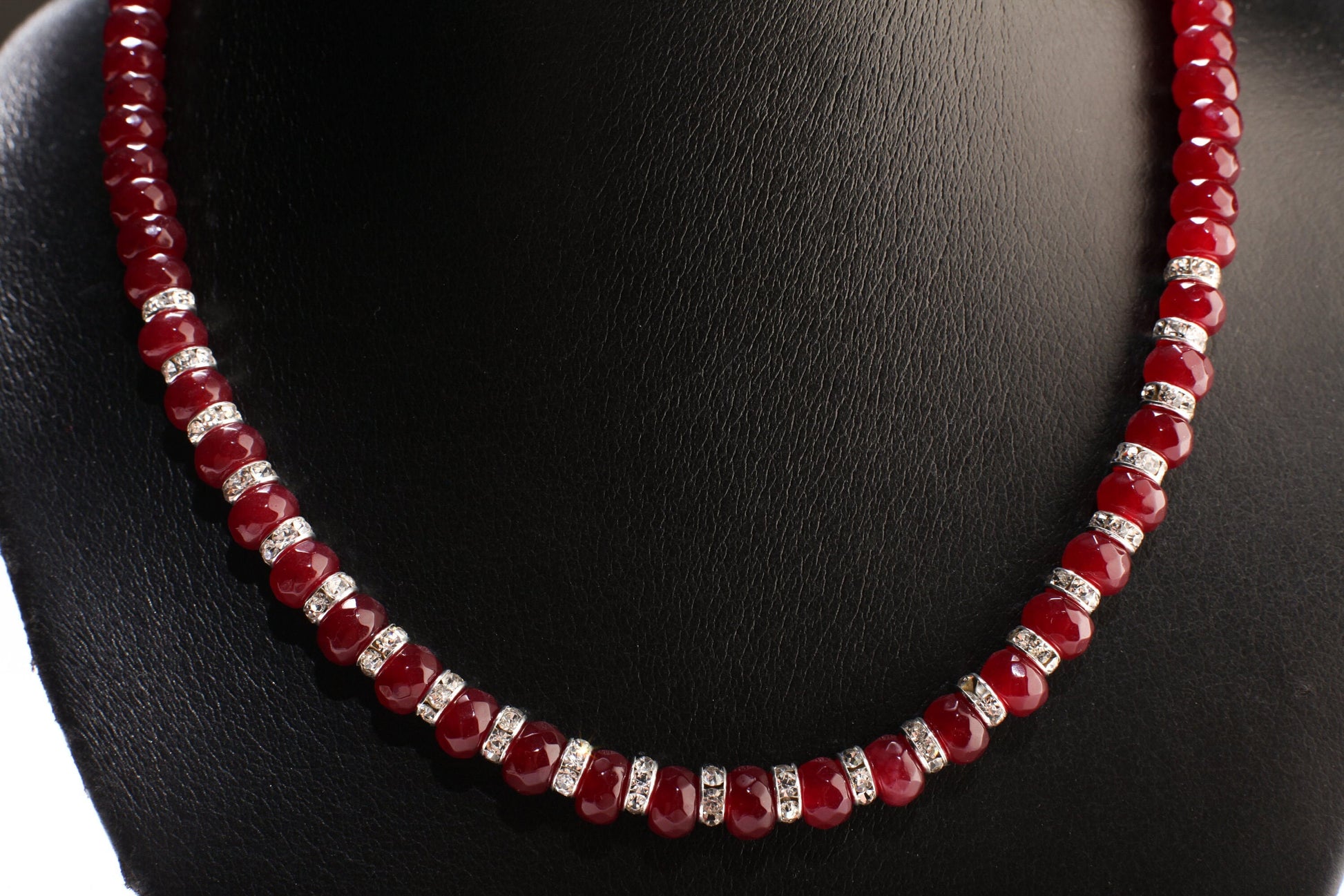 Ruby Jade Faceted Roundel with Rhinestone Spacers 18&quot; Necklace with 2&quot; Extension Chain, Choose Gold or Silver