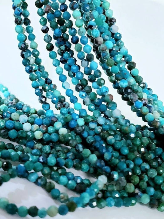 Natural Chrysocola 2mm Round Faceted Micro Diamond cut 12.5&quot; Strand, Beautiful blue green AAA Quality quality jewelry making beads.