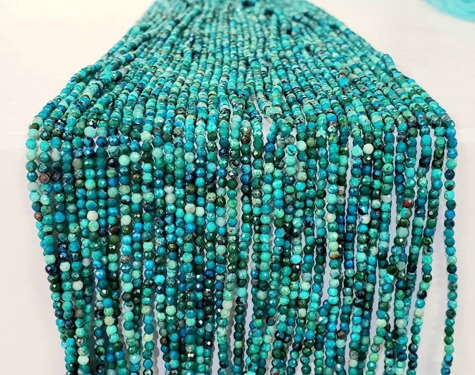 Natural Chrysocola 2mm Round Faceted Micro Diamond cut 12.5&quot; Strand, Beautiful blue green AAA Quality quality jewelry making beads.