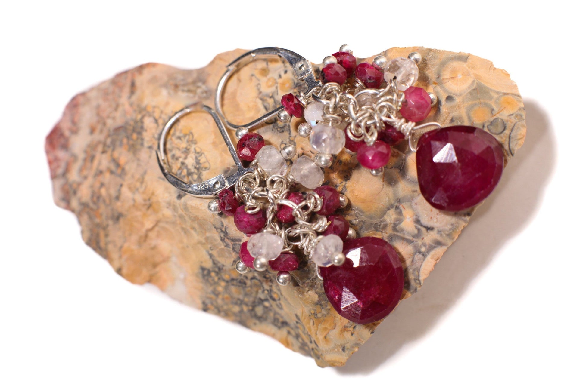 Genuine Ruby Heart Briolette Teardrop, Genuine Ruby and Moonstone Clusters in .925 Sterling Silver Leverback Earrings, Gemstone Jewelry Gift