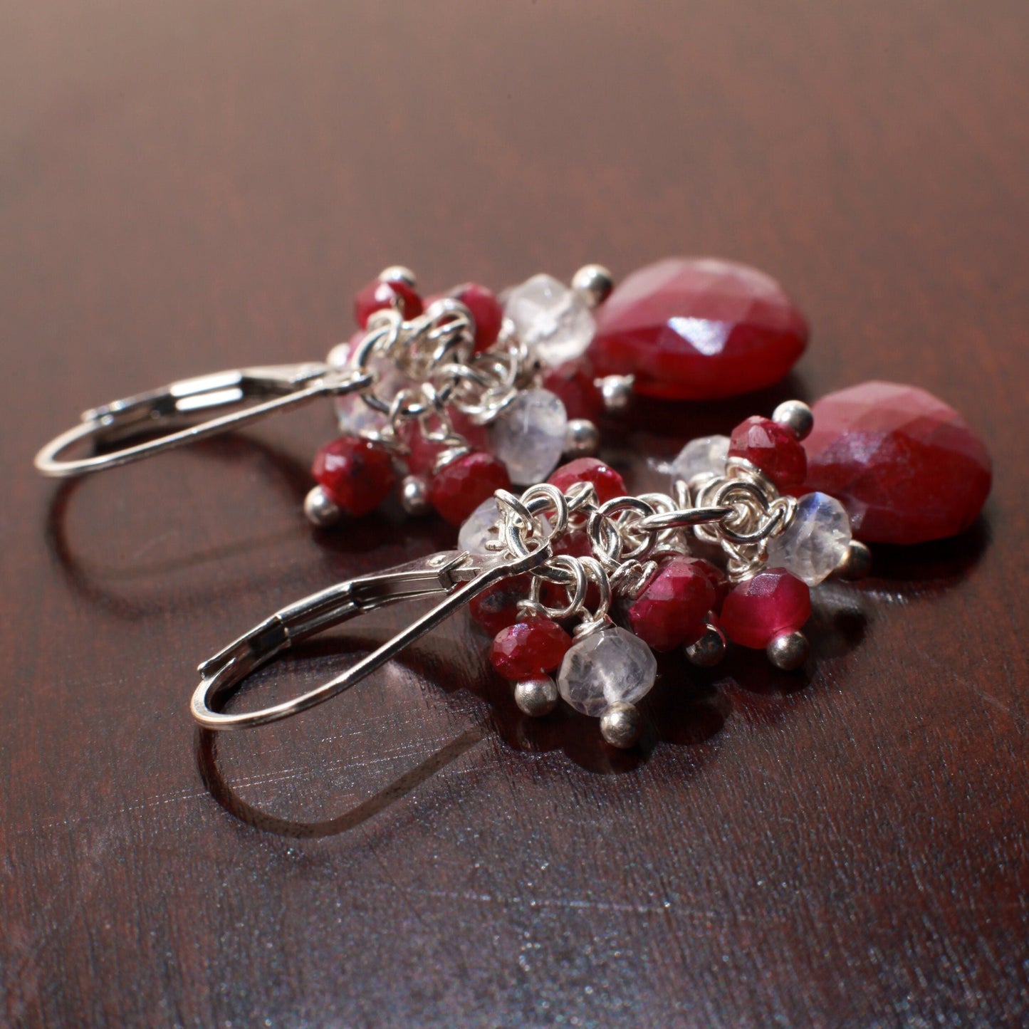 Genuine Ruby Heart Briolette Teardrop, Genuine Ruby and Moonstone Clusters in .925 Sterling Silver Leverback Earrings, Gemstone Jewelry Gift