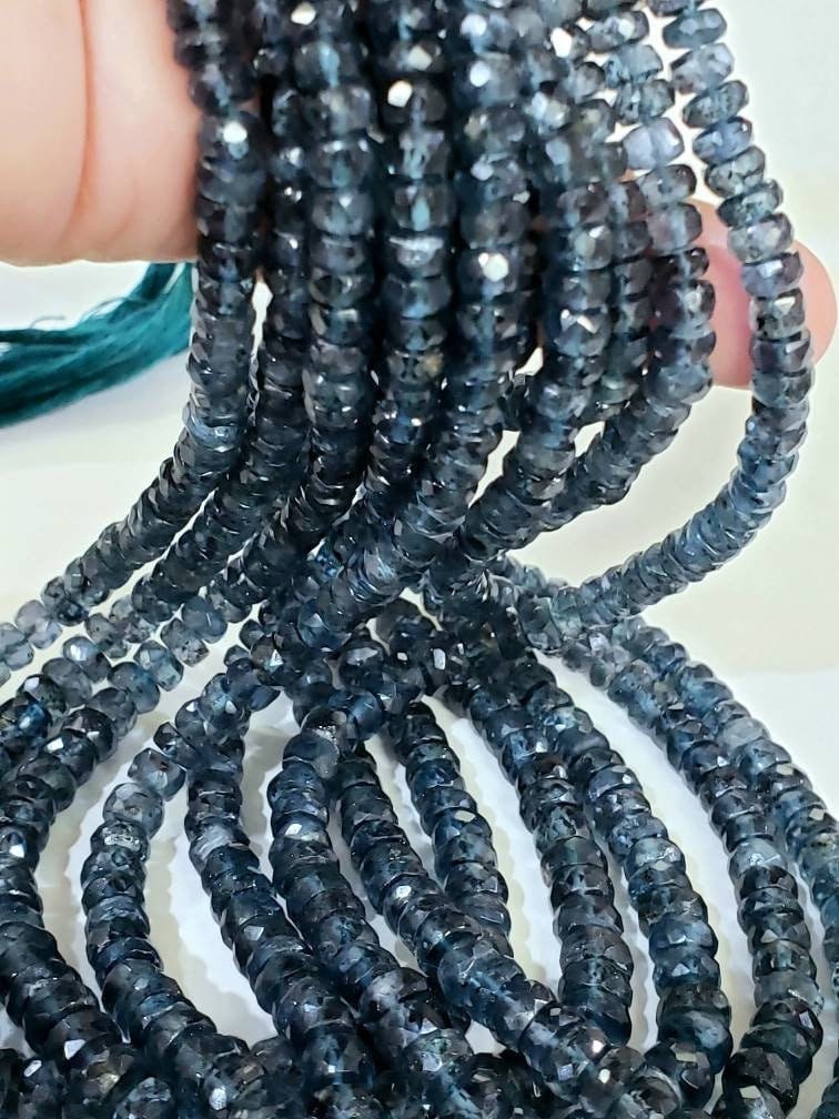 Natural Indigo Kyanite Rondelle Rare large size Faceted 4-7mm Graduated Roundel, Midnight Blue color Gemstone 8&quot; and 16&quot; strand,