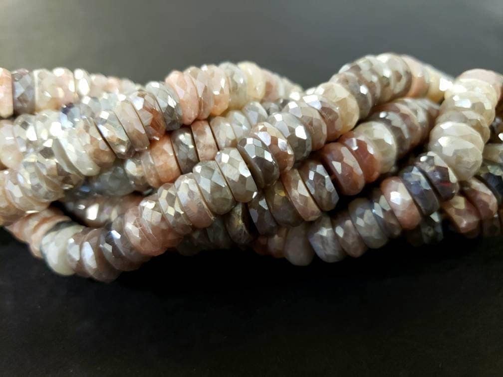 Multi Peach Moonstone Mystic AAA quality 8.5-9.6mm tyre wheel roundel. High quality gemstones for jewelry making 10" strand .