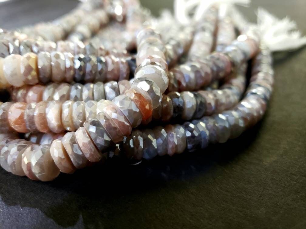 Multi Peach Moonstone Mystic AAA quality 8.5-9.6mm tyre wheel roundel. High quality gemstones for jewelry making 10" strand .