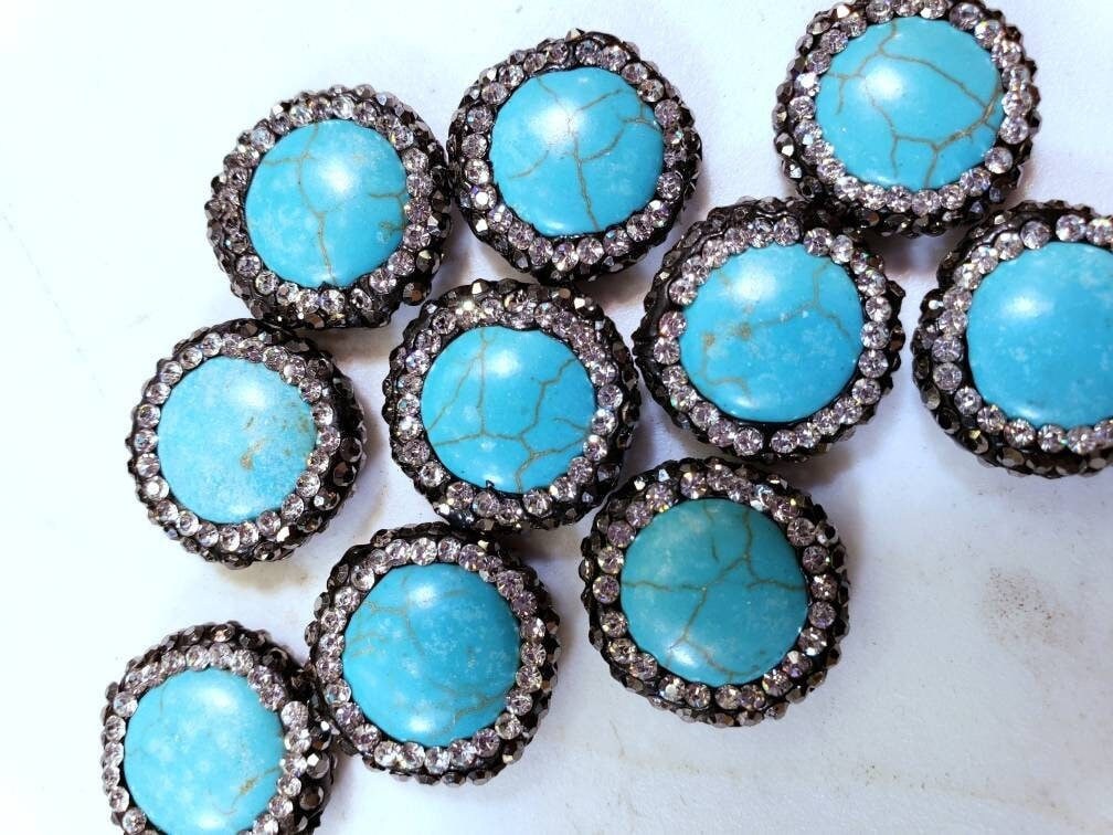 Turquoise rhinestone pave crystal black and silver line bead, center drilled , 17mm sparkly connector, spacer or focal bead.