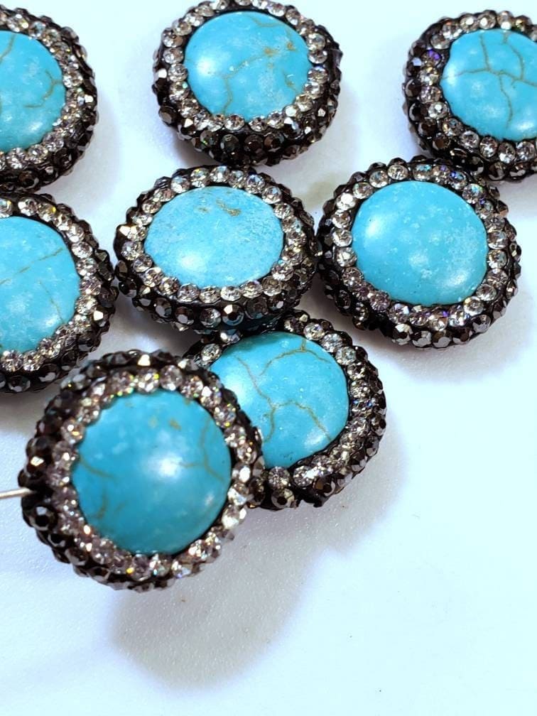 Turquoise rhinestone pave crystal black and silver line bead, center drilled , 17mm sparkly connector, spacer or focal bead.