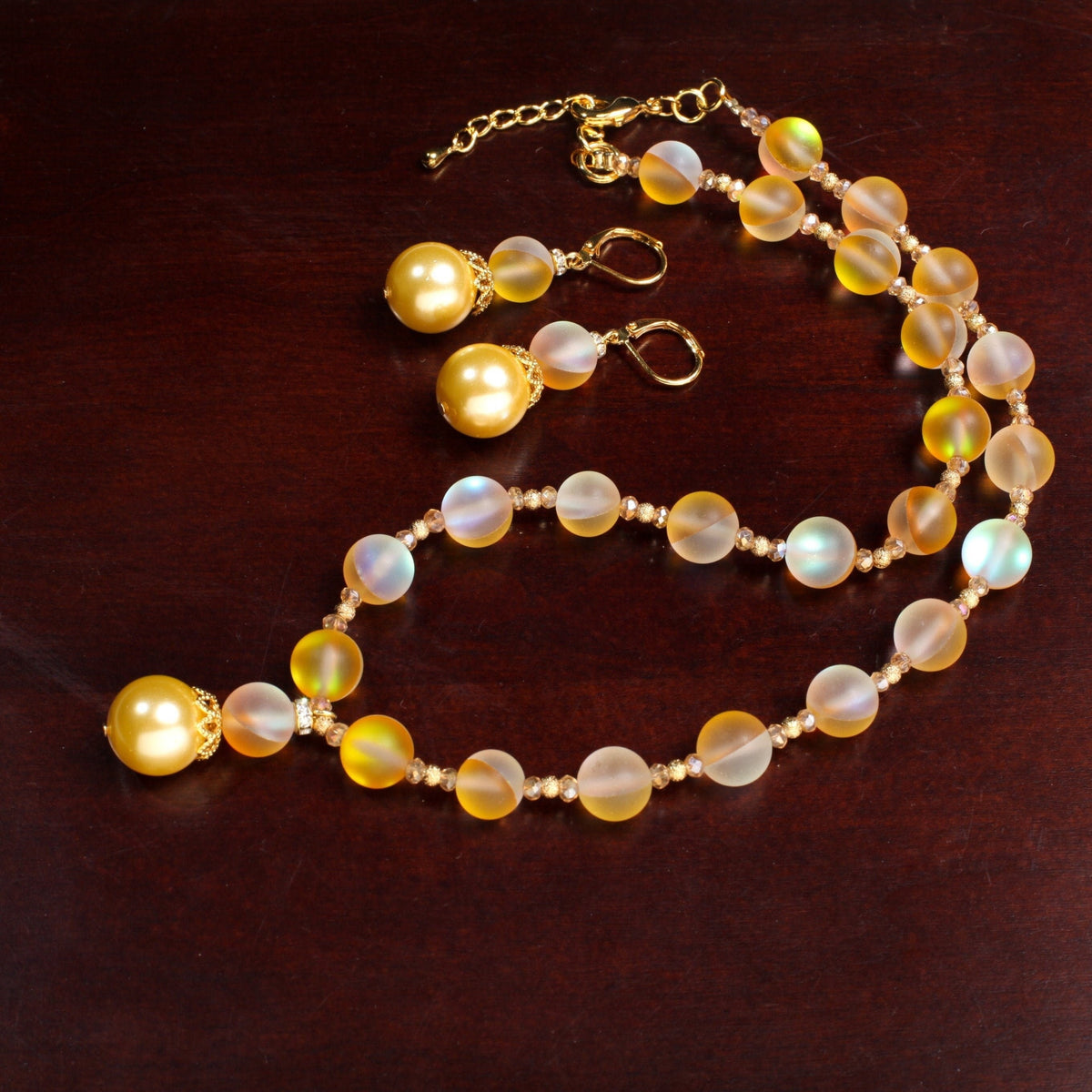 Matte Yellow Sea Glass,10mm Mermaid bead , 14mm South Sea Seashell Pearl pendant Necklace ,Matching Earrings Jewelry Set. 18" & 2" extender.