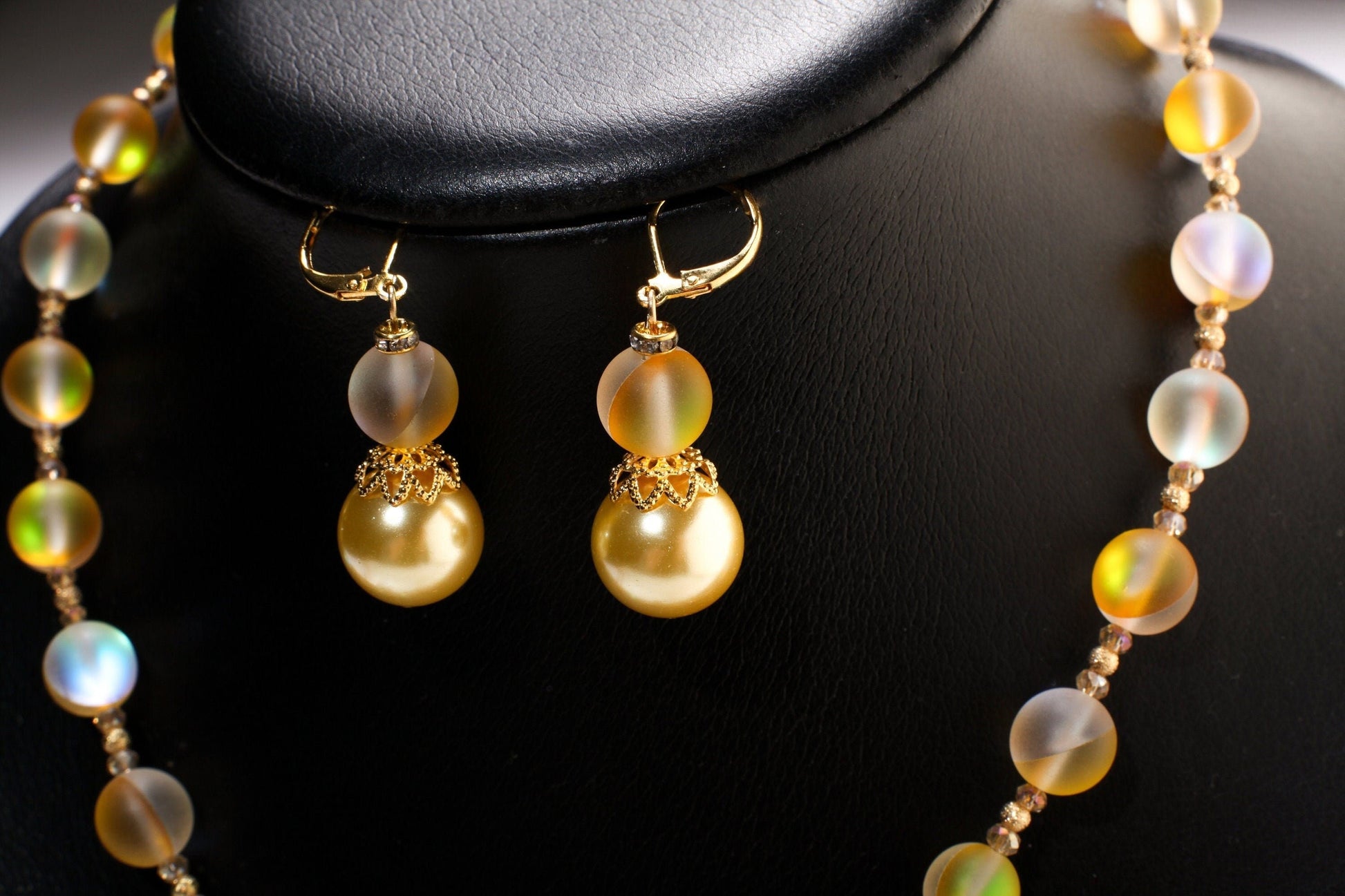 Matte Yellow Sea Glass,10mm Mermaid bead , 14mm South Sea Seashell Pearl pendant Necklace ,Matching Earrings Jewelry Set. 18&quot; & 2&quot; extender.